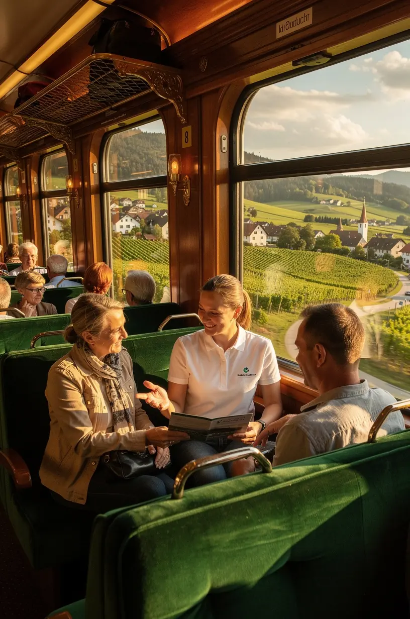 Fahrgäste steigen entspannt in einen komfortablen Regionalzug ein, der für eine landschaftlich reizvolle Route vorbereitet ist.