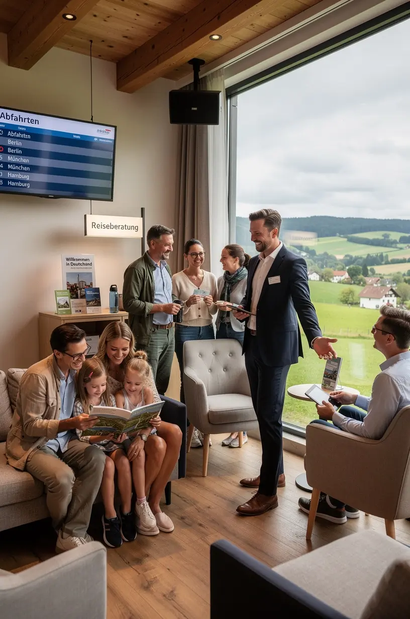 Tourist mit Reiseführer und digitalem Gerät, der aktiv eine Zugreise durch Deutschland plant und individuelle Beratung nutzt.